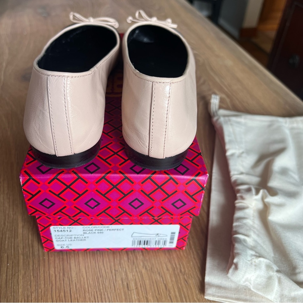 Tory Burch Cap-Toe Black and Pink Ballet Flats with Bow - Picture 4 of 5